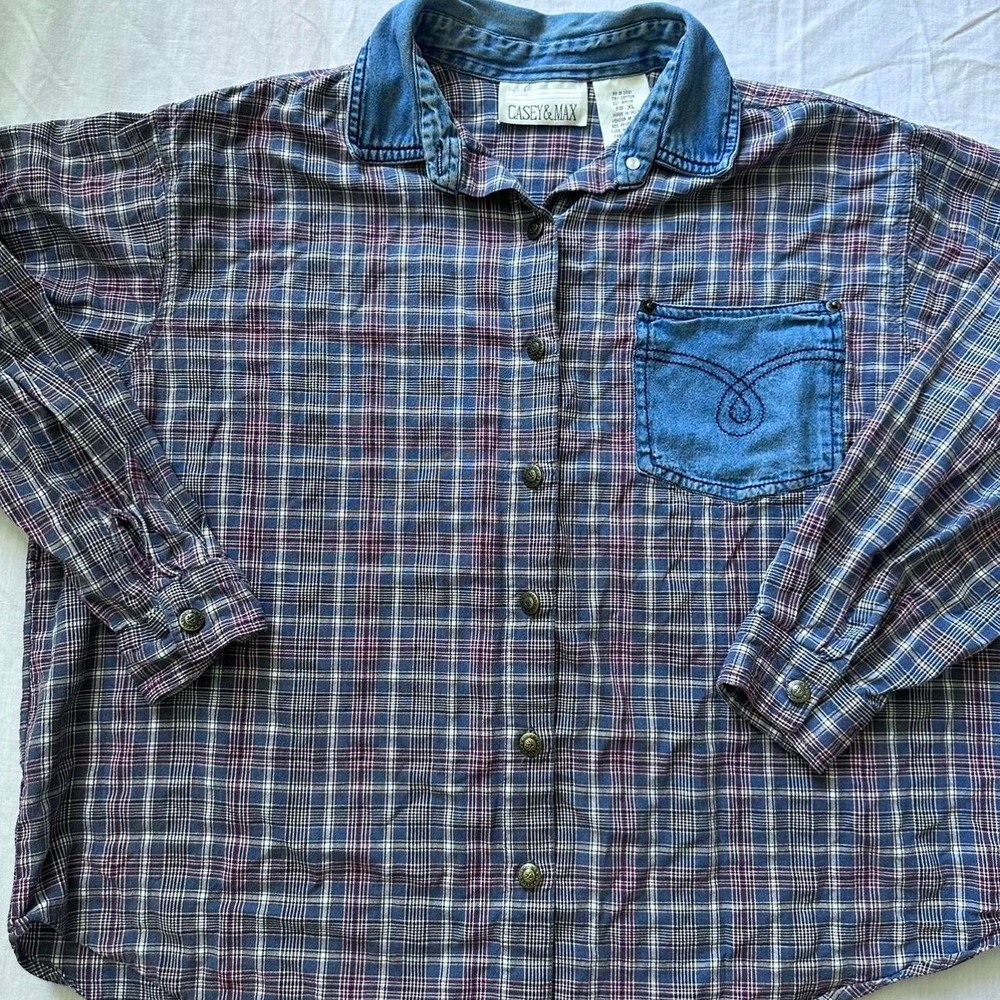 Vintage red white and blue plaid button up cottage core flannel and denim shirt